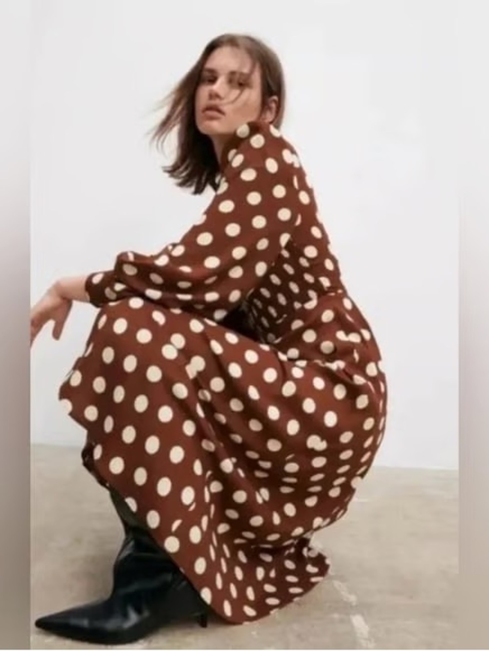 Zara polka dot midi dress in brown and white - Picture 3 of 6